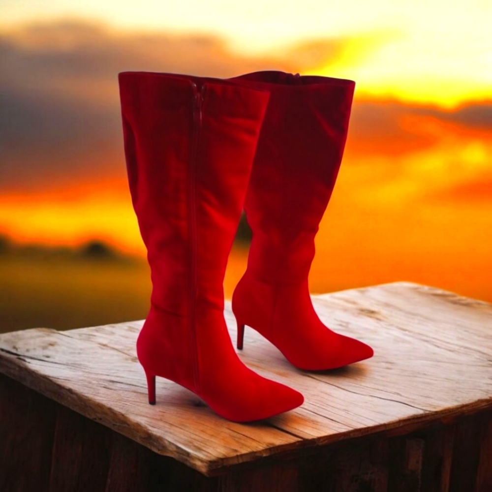 Perphy, Women's Pointy Toe, Silletto Heel, Side Zip Knee Hi Boot, Red, Size 6